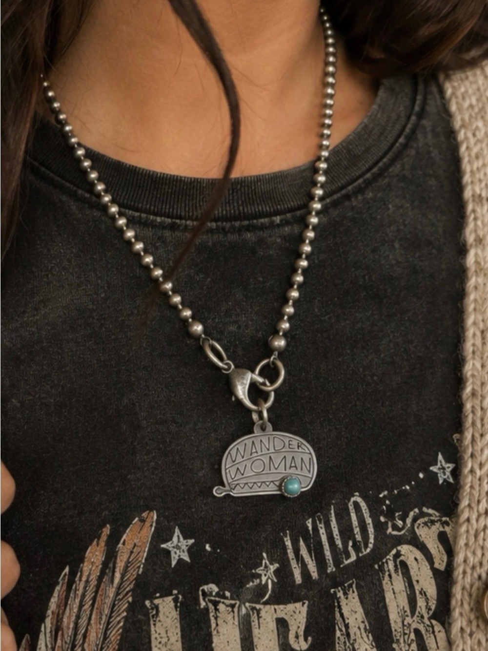 Wander Woman Sterling Silver pendant Necklace with Turquoise Accent